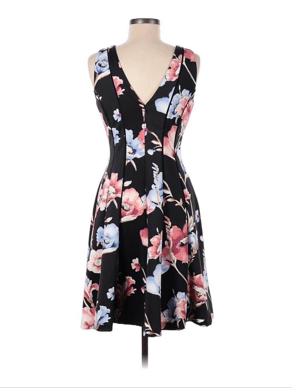 Sleeveless Floral Fit-and-Flare Midi Dress in Black with Pink & Blue Blossoms - Picture 2 of 2